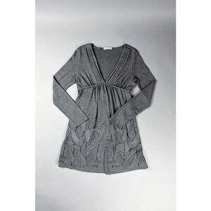 Y2K Grey Long Sleeve V-Neck Mini Dress with Patterned Hem